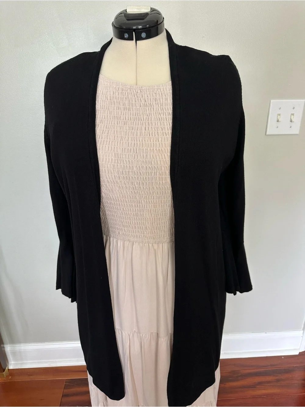 Chico's Black Open-Front tunic length Cardigan with tulip sleeves.